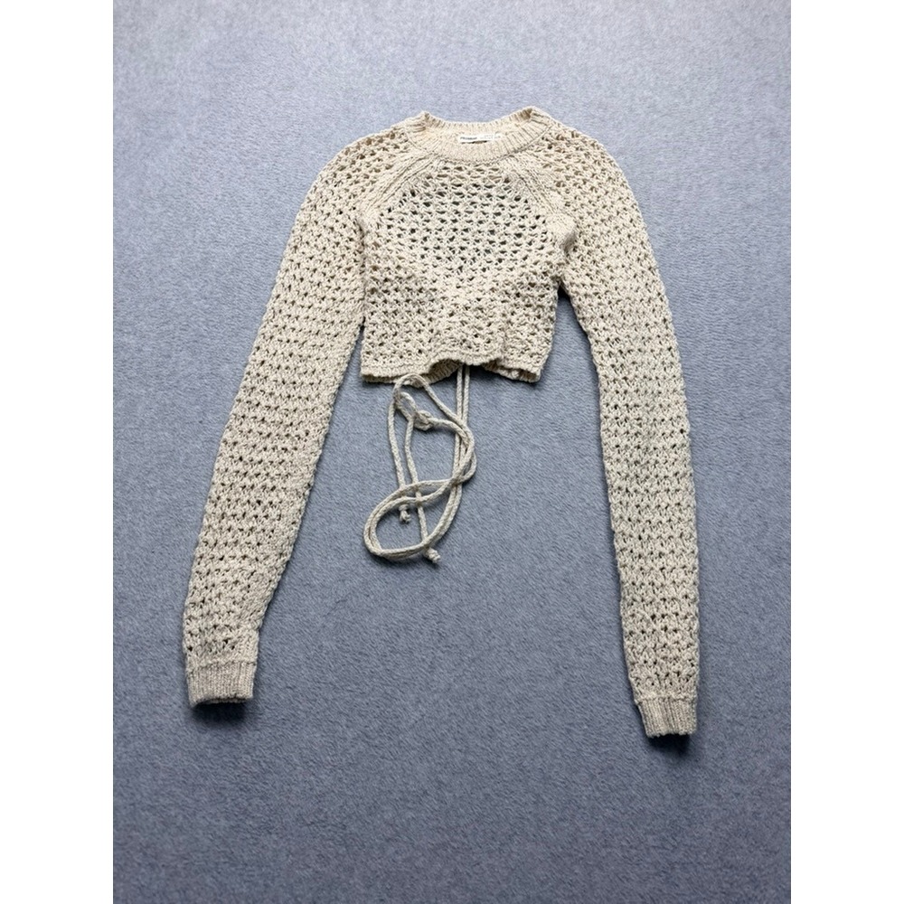 Pull&Bear Women Cream Beige Crochet Cropped Long Sleeve Tie Back Sweater Small